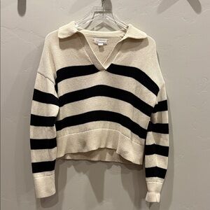 Velvet by Graham & Spencer Black and Cream Striped V-Neck Sweater